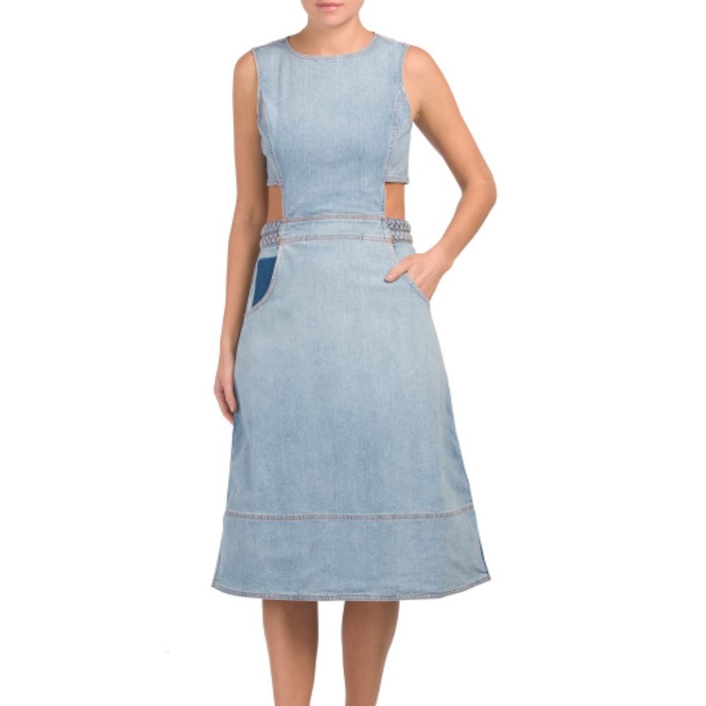 Current Elliott Cut Out Braided Nightfall Denim Midi Dress Retro Blue Small NWT